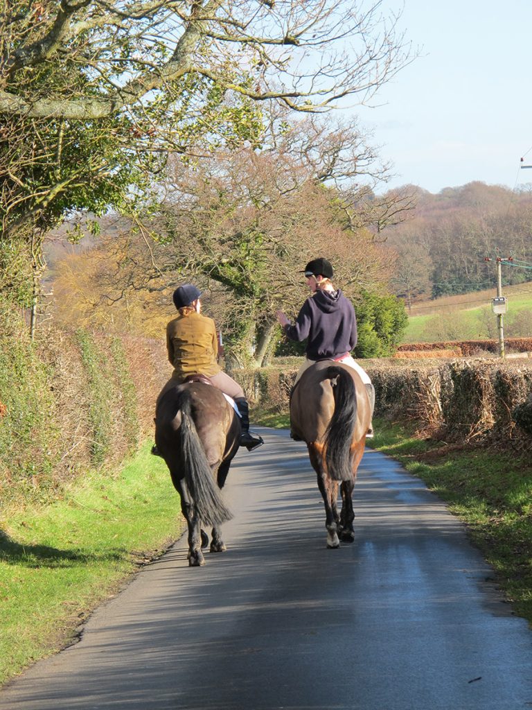 Two People Riding Horses Down A Country Road